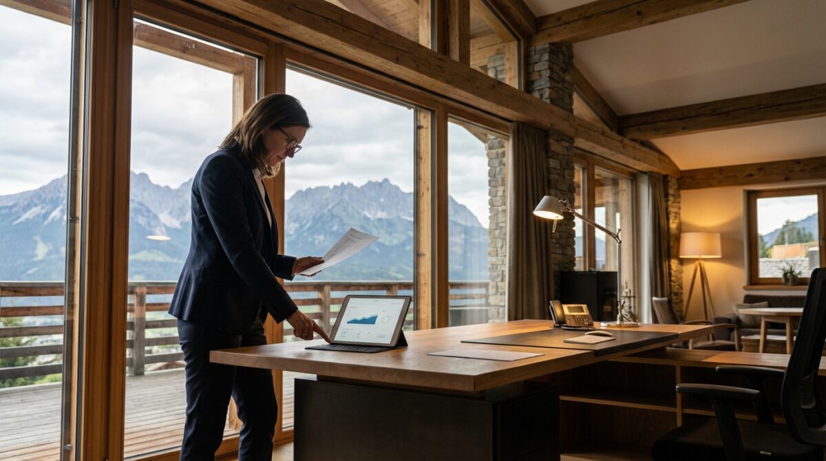 Eine Person in Geschäftskleidung steht an einem Schreibtisch in einem modernen Büro mit großen Fenstern und prüft Dokumente; ein Laptop zeigt eine Grafik an, und draußen sind die Berge zu sehen.