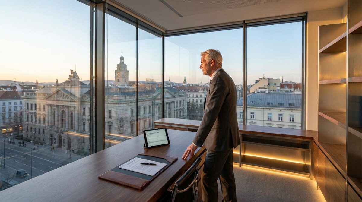 Ein Mann im Anzug steht an einem Schreibtisch in einem modernen Büro mit großen Fenstern und blickt auf eine Stadtlandschaft mit historischen Gebäuden bei Sonnenuntergang.