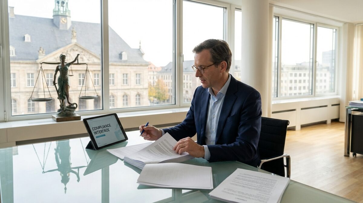 Ein Mann im Anzug sitzt in einem Büro mit großen Fenstern an einem Schreibtisch und prüft Dokumente, während auf einem Tablet COMPLIANCE INTERVIEW und eine Statue der Lady Justice angezeigt werden.