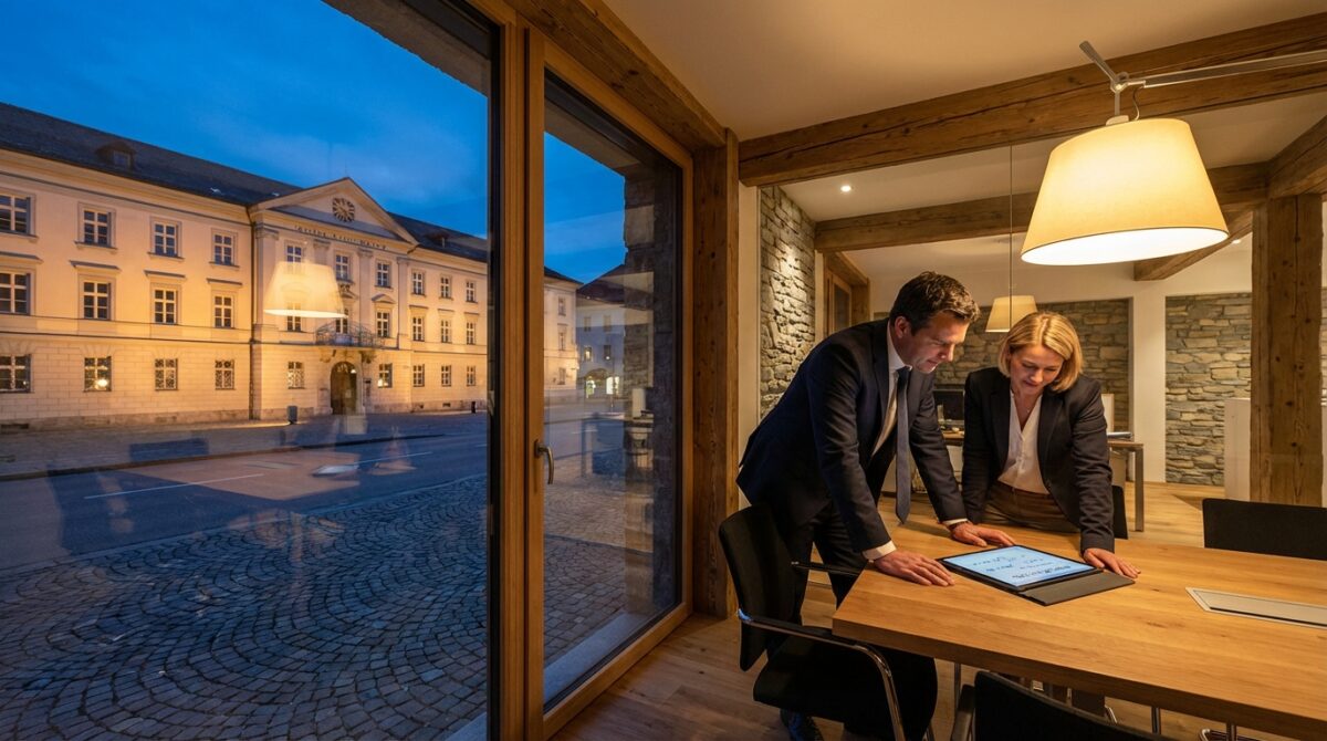 Zwei Geschäftsleute prüfen ein Dokument auf einem Tablet an einem Holztisch in einem modernen Büro mit großen Fenstern und Blick auf ein historisches Gebäude in der Abenddämmerung.