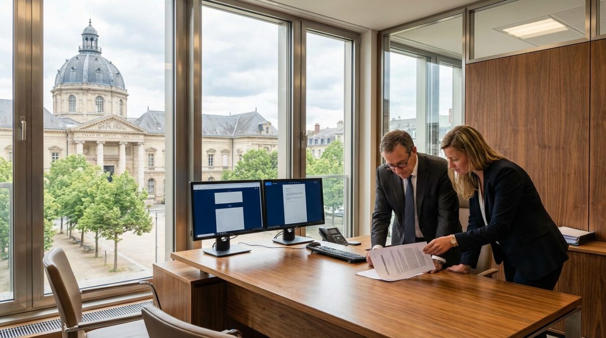 Zwei Personen in Geschäftskleidung prüfen Dokumente an einem Schreibtisch in einem modernen Büro mit großen Fenstern und Blick auf ein historisches Gebäude und Bäume.