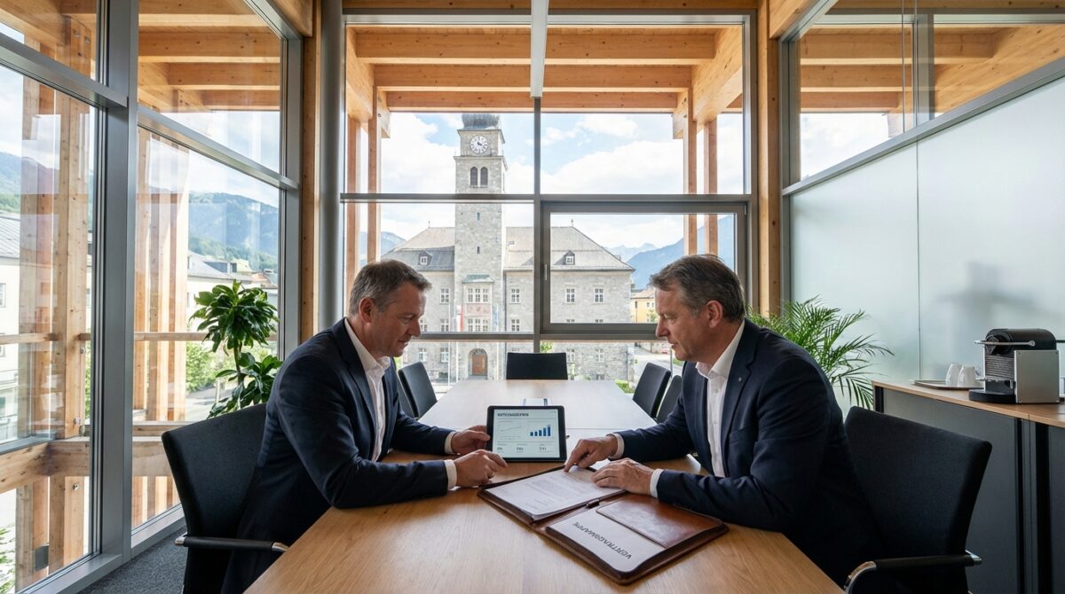 Zwei Männer in Anzügen sitzen in einem modernen Büro an einem Tisch und prüfen Dokumente und ein Tablet, auf dem ein Balkendiagramm zu sehen ist. Hinter ihnen ist durch große Fenster ein Uhrenturm zu sehen.