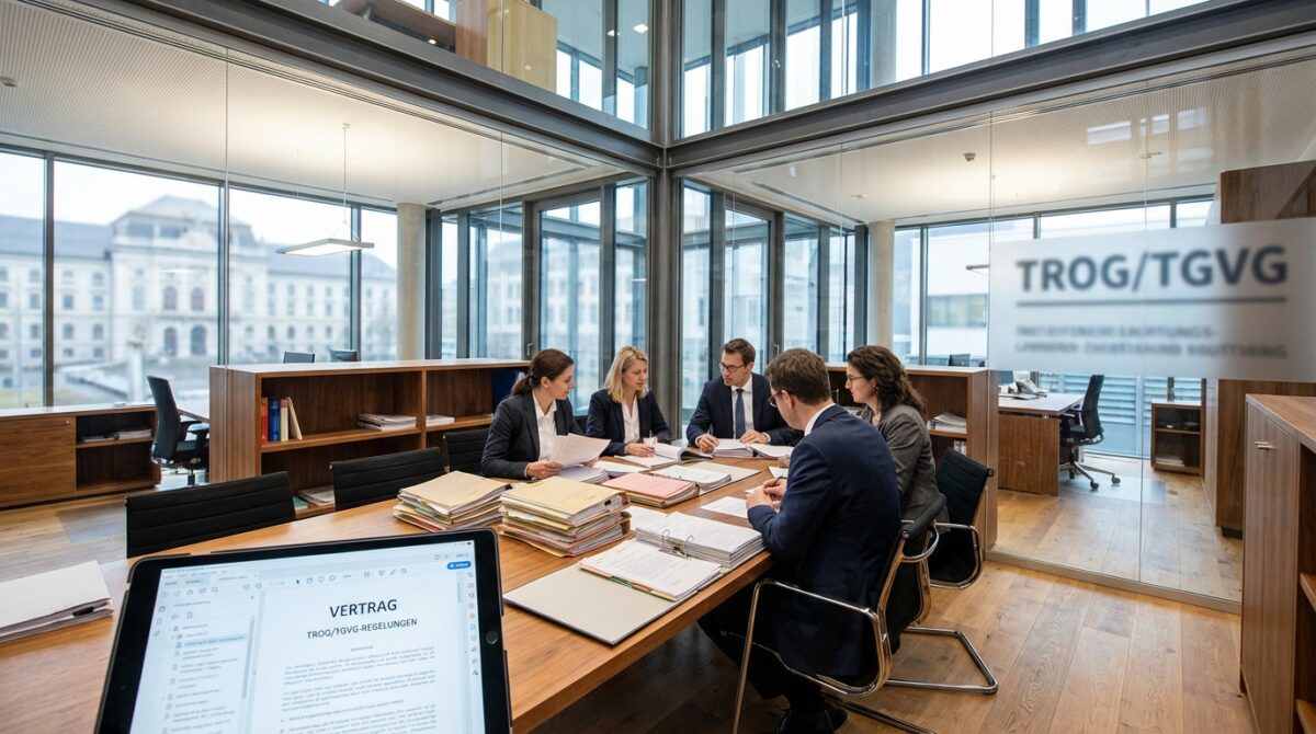 Eine Gruppe von sechs Personen in Geschäftskleidung sitzt um einen Besprechungstisch mit Papieren in einem modernen Büro mit Glaswänden; im Vordergrund sind ein Laptop und Dokumentenstapel zu sehen.