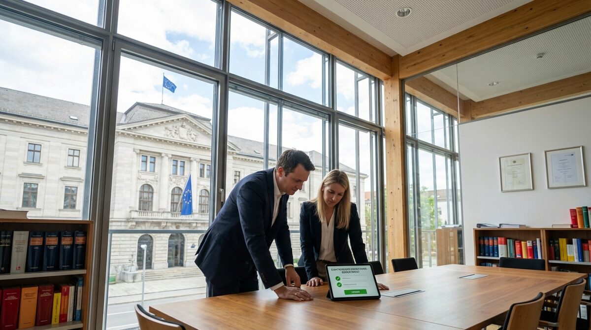 Zwei Personen in Geschäftskleidung stehen an einem Tisch in einem modernen Büro mit großen Fenstern und schauen auf ein Tablet, auf dem ein Dokument angezeigt wird.