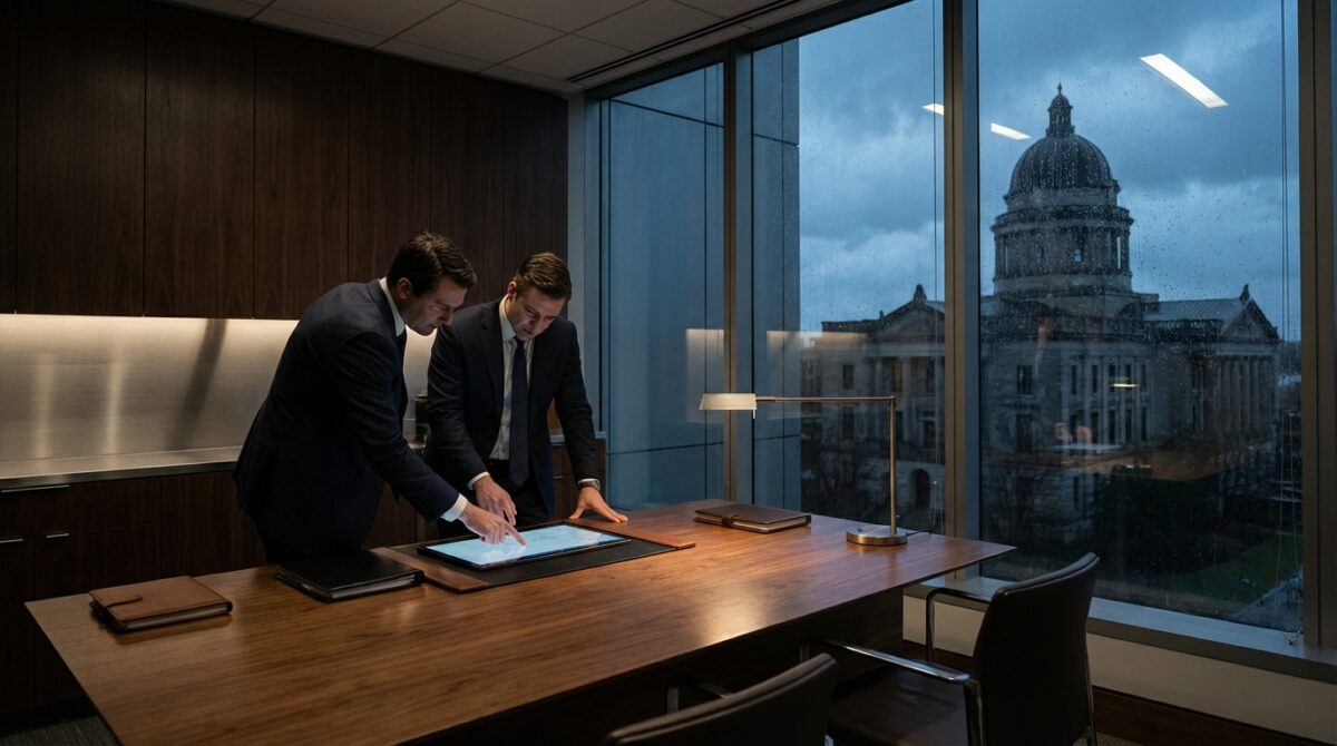 Zwei Männer in Anzügen prüfen an einem regnerischen Tag Dokumente auf einem Tisch in einem modernen Büro mit einem großen Fenster mit Blick auf ein historisches Regierungsgebäude.
