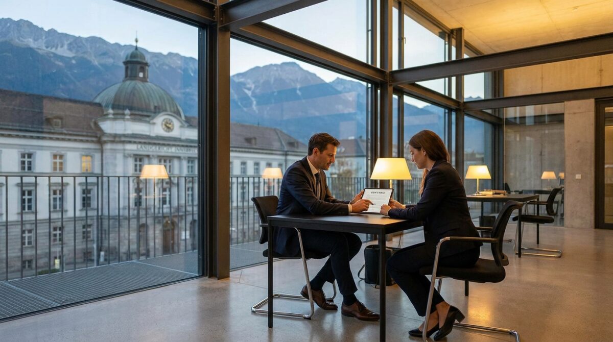 Zwei Personen in Geschäftskleidung sitzen sich an einem Tisch in einem modernen Büro mit großen Fenstern und Blick auf ein klassisches Gebäude und eine Berglandschaft gegenüber.