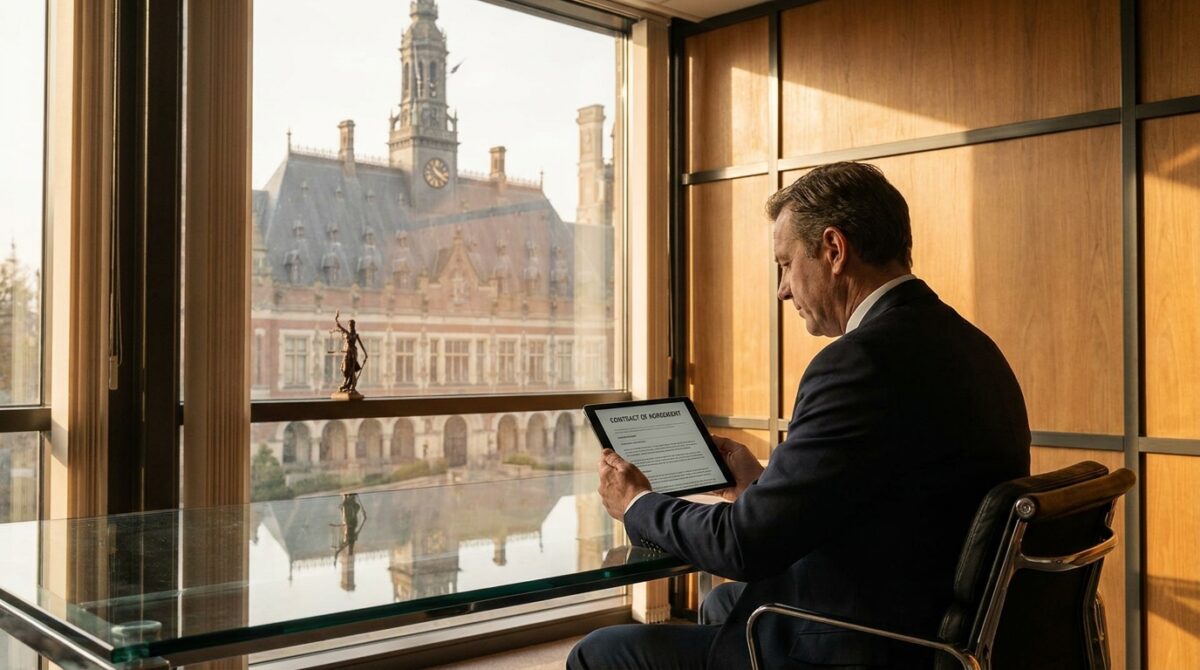 Ein Mann im Anzug liest ein Dokument an einem gläsernen Schreibtisch in einem Büro mit großen Fenstern und Blick auf ein historisches Gebäude.