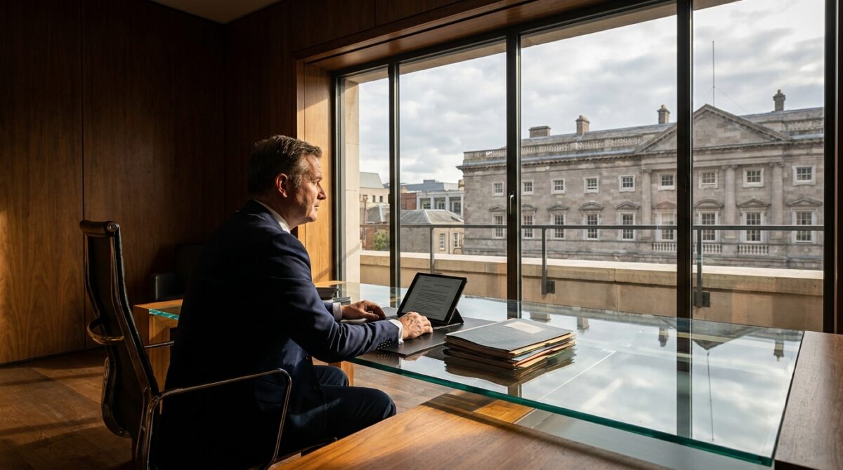 Ein Mann im Anzug sitzt an einem gläsernen Schreibtisch und arbeitet an einem Laptop, in der Nähe liegen Dokumente und große Fenster zeigen ein historisches Gebäude.