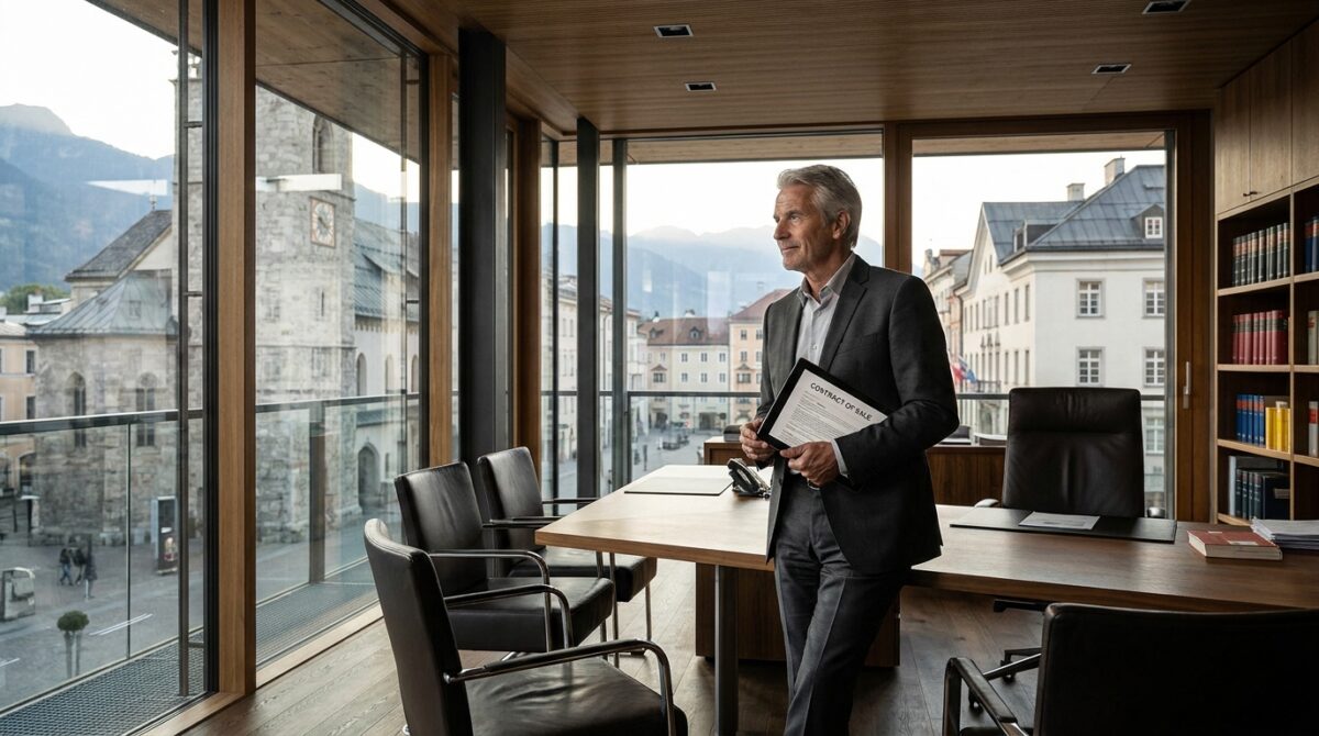 Ein älterer Mann im Anzug steht in einem modernen Büro und hält Dokumente in der Hand. Die großen Fenster geben den Blick auf historische Gebäude und die Berge frei.
