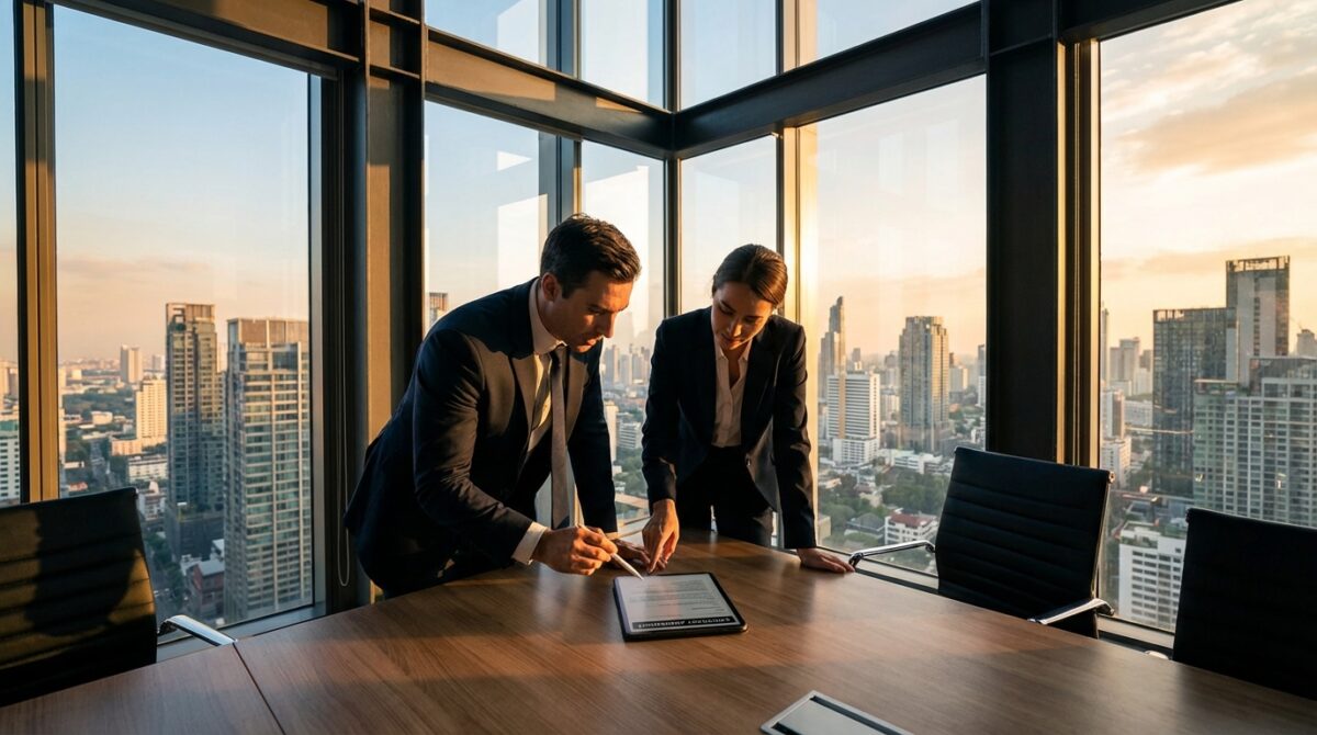 Zwei Personen in Geschäftskleidung prüfen Dokumente auf einem Tisch in einem modernen Büro mit großen Fenstern und Blick auf die Skyline der Stadt bei Sonnenuntergang.