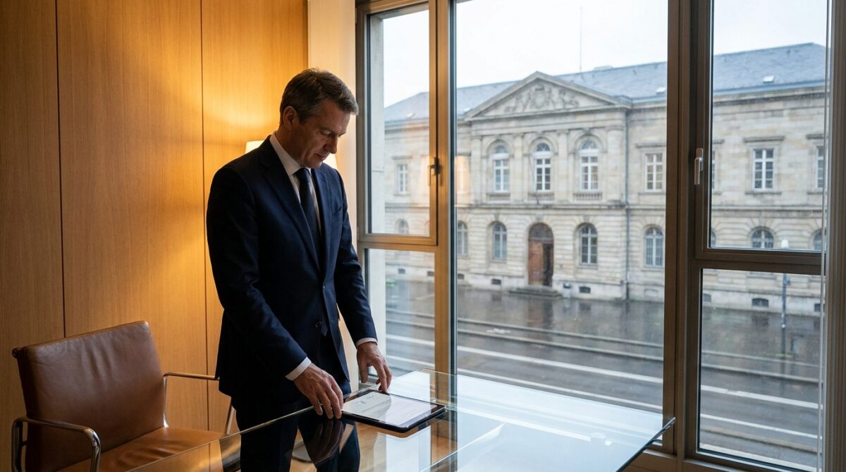 Ein Mann im Anzug steht an einem gläsernen Schreibtisch in der Nähe eines Fensters und blickt auf Dokumente, während draußen an einem regnerischen Tag ein großes historisches Gebäude zu sehen ist.