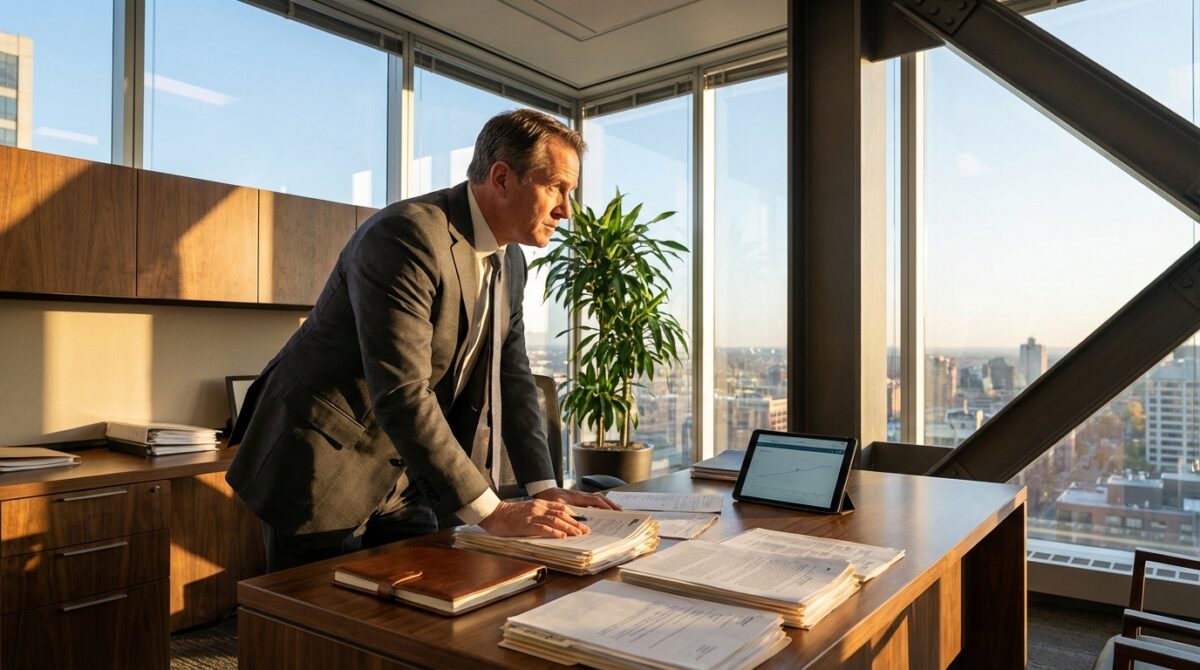 Ein Mann im Anzug steht an einem Büroschreibtisch, der mit Papieren und Ordnern bedeckt ist, und schaut auf einen Laptop-Bildschirm, während durch große Fenster Gebäude der Stadt zu sehen sind.
