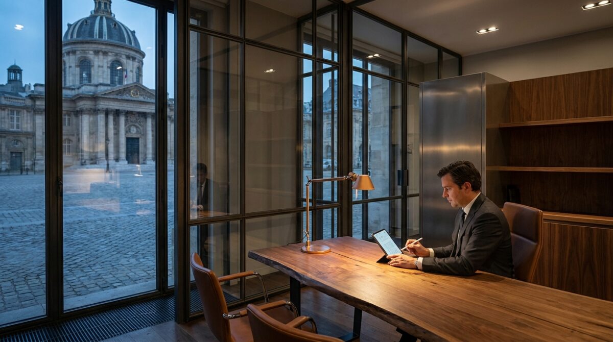 Ein Mann im Anzug arbeitet an einem Tablet an einem Holzschreibtisch in einem modernen Büro mit großen Glasfenstern und Blick auf ein historisches Gebäude und einen Innenhof.