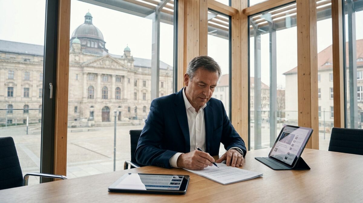 Ein Mann im Anzug sitzt an einem Schreibtisch und unterschreibt Dokumente, vor ihm liegen ein Tablet und ein Laptop; große Fenster geben den Blick auf ein historisches Gebäude frei.