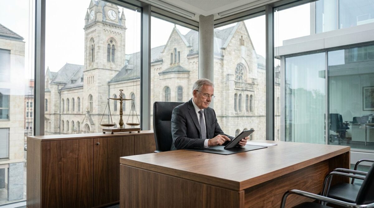 Ein älterer Mann im Anzug arbeitet an einem Tablet an einem großen Holzschreibtisch in einem modernen Büro mit großen Fenstern und Blick auf historische Steinbauten.