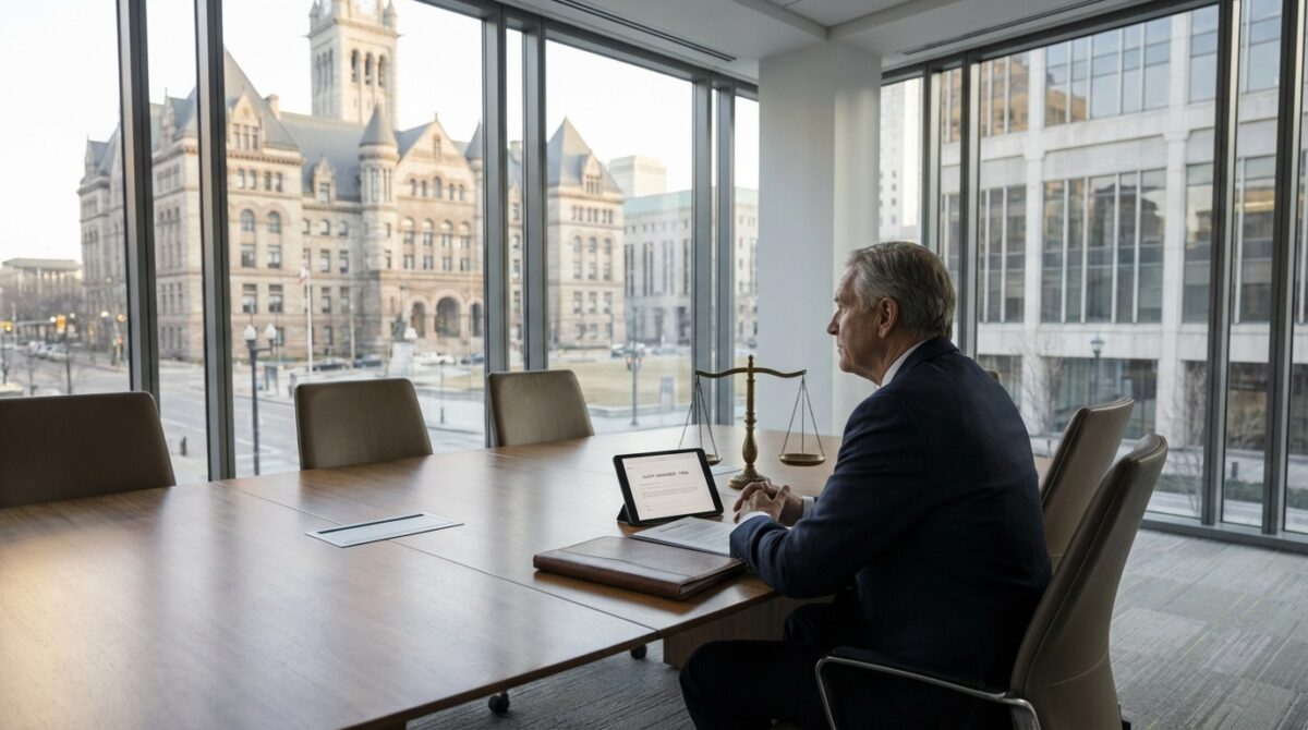 Ein Mann im Anzug sitzt allein an einem Konferenztisch mit einem Tablet und Dokumenten, vor großen Fenstern mit Blick auf ein historisches Gebäude und eine Straße in der Stadt.