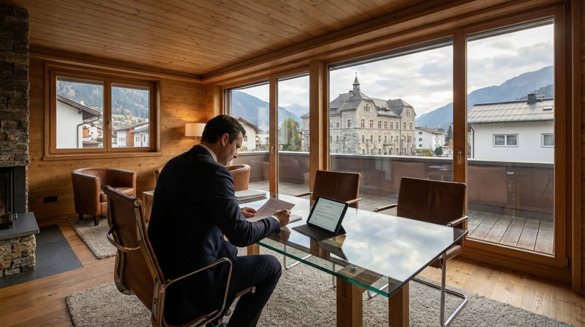 Ein Mann im Anzug arbeitet an einem Laptop an einem gläsernen Schreibtisch in einem modernen Holzbüro mit großen Fenstern und Blick auf eine bergige Stadt.