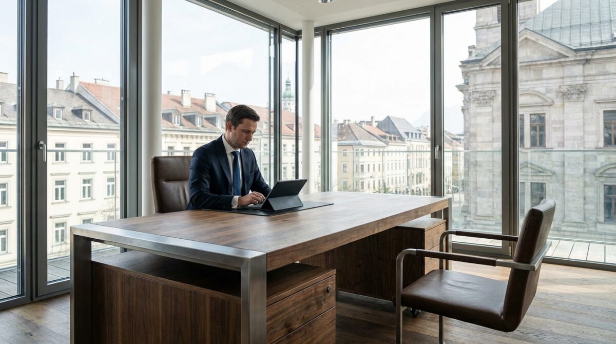 Ein Mann im Anzug arbeitet an einem Laptop an einem großen Holzschreibtisch in einem modernen Büro mit raumhohen Fenstern und Blick auf historische Gebäude.
