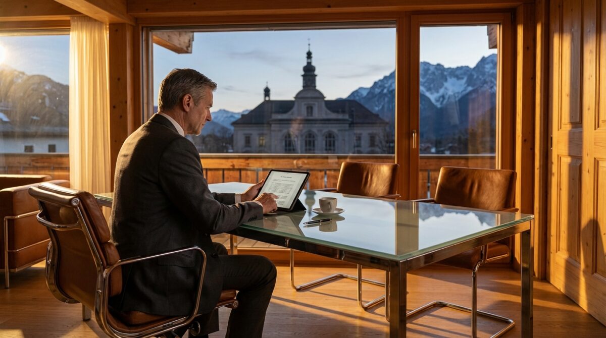 Ein Mann im Anzug arbeitet an einem Glastisch in einem Holzzimmer mit großen Fenstern und Blick auf eine Kirche und die Berge bei Sonnenuntergang an einem Tablet.