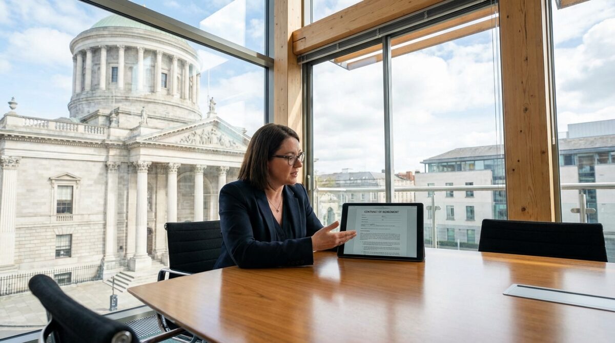 Eine Frau in Geschäftskleidung präsentiert Informationen auf einem Tablet in einem modernen gläsernen Besprechungsraum, von dem aus ein historisches Gebäude zu sehen ist.