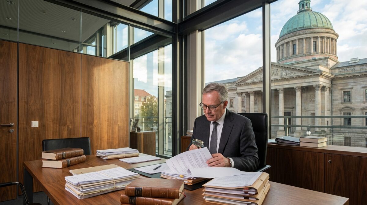 Ein Mann im Anzug sitzt an einem mit Dokumenten und Büchern bedeckten Schreibtisch und liest in einem modernen Büro mit großen Fenstern und Blick auf ein historisches Gebäude mit einer Kuppel.