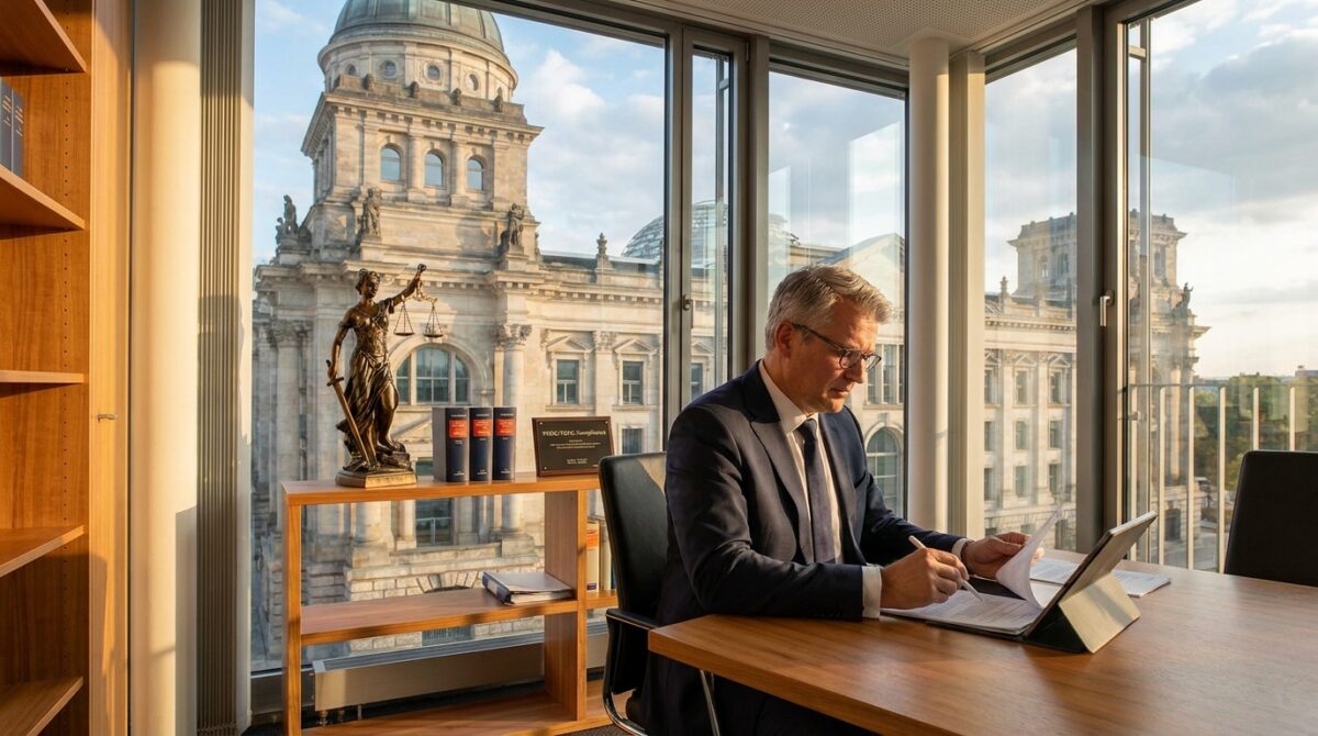 Ein Mann im Anzug arbeitet an einem Schreibtisch mit Dokumenten und einem Tablet in einem modernen Büro mit großen Fenstern und Blick auf ein historisches Gebäude.