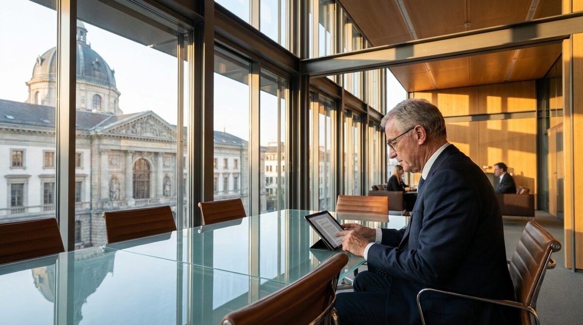 Ein älterer Mann im Anzug arbeitet mit einem Tablet an einem gläsernen Konferenztisch in einem modernen Büro mit großen Fenstern und Blick auf ein historisches Gebäude.